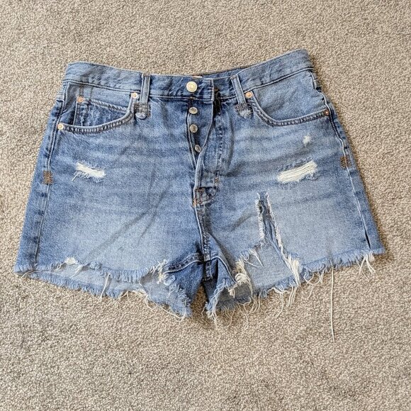 WE THE PEOPLE Blue Denim High Rise Distressed Button-Fly Jean Shorts; Size 30 - Picture 1 of 5